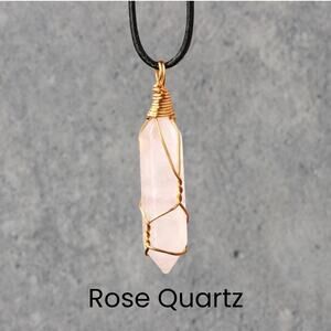Rose Quartz Gold Crystal Wrapped Necklace Boho & Hippie Style